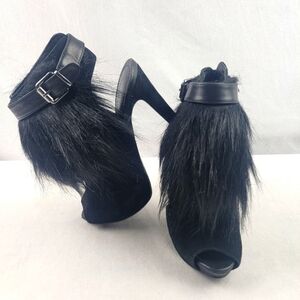 Kenneth Cole Cafe Latte genuine leather faux fur open back Peep toe booties